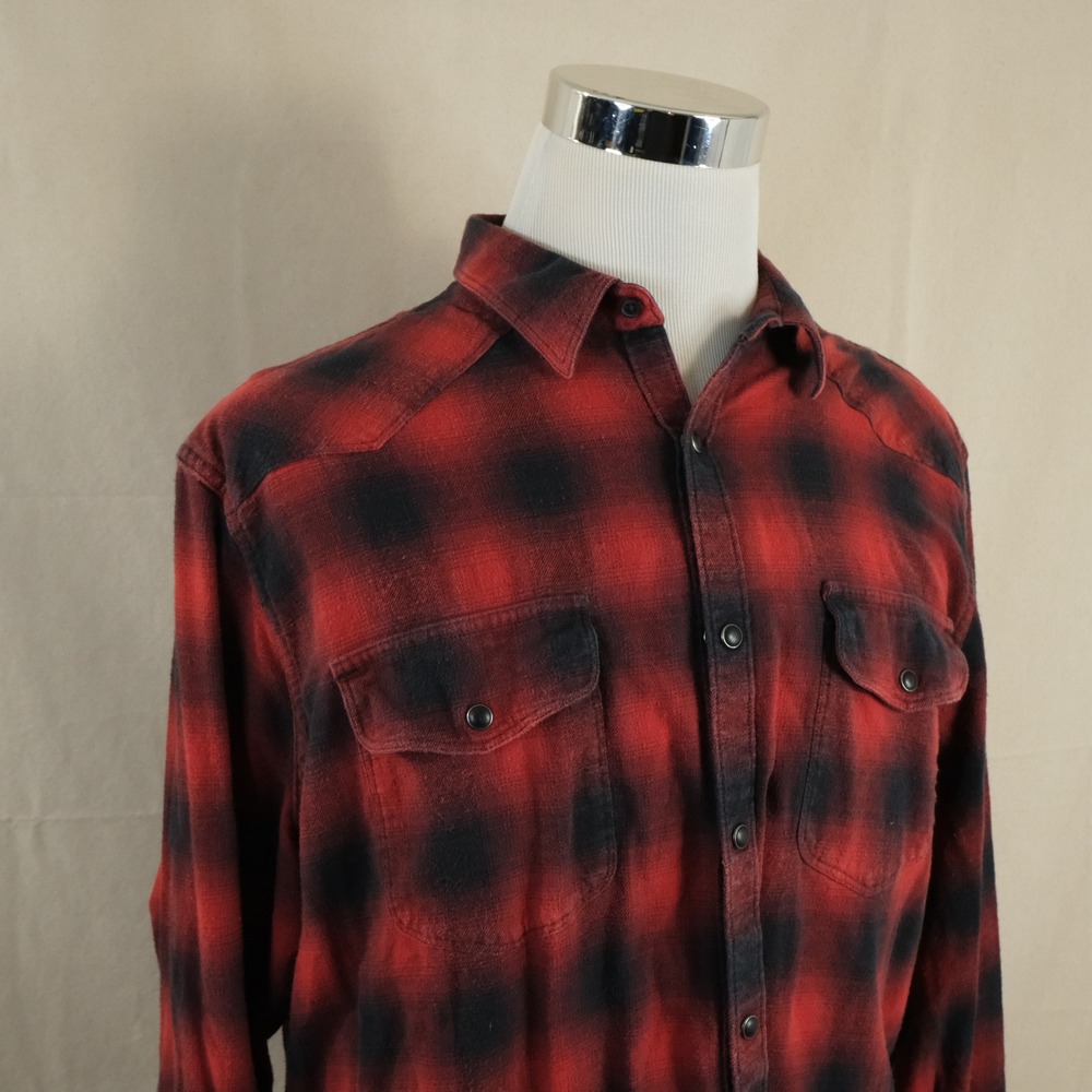 Lucky Brand XL Classic Fit Western Pearl Snap Flannel Shirt Red Buffalo Plaid